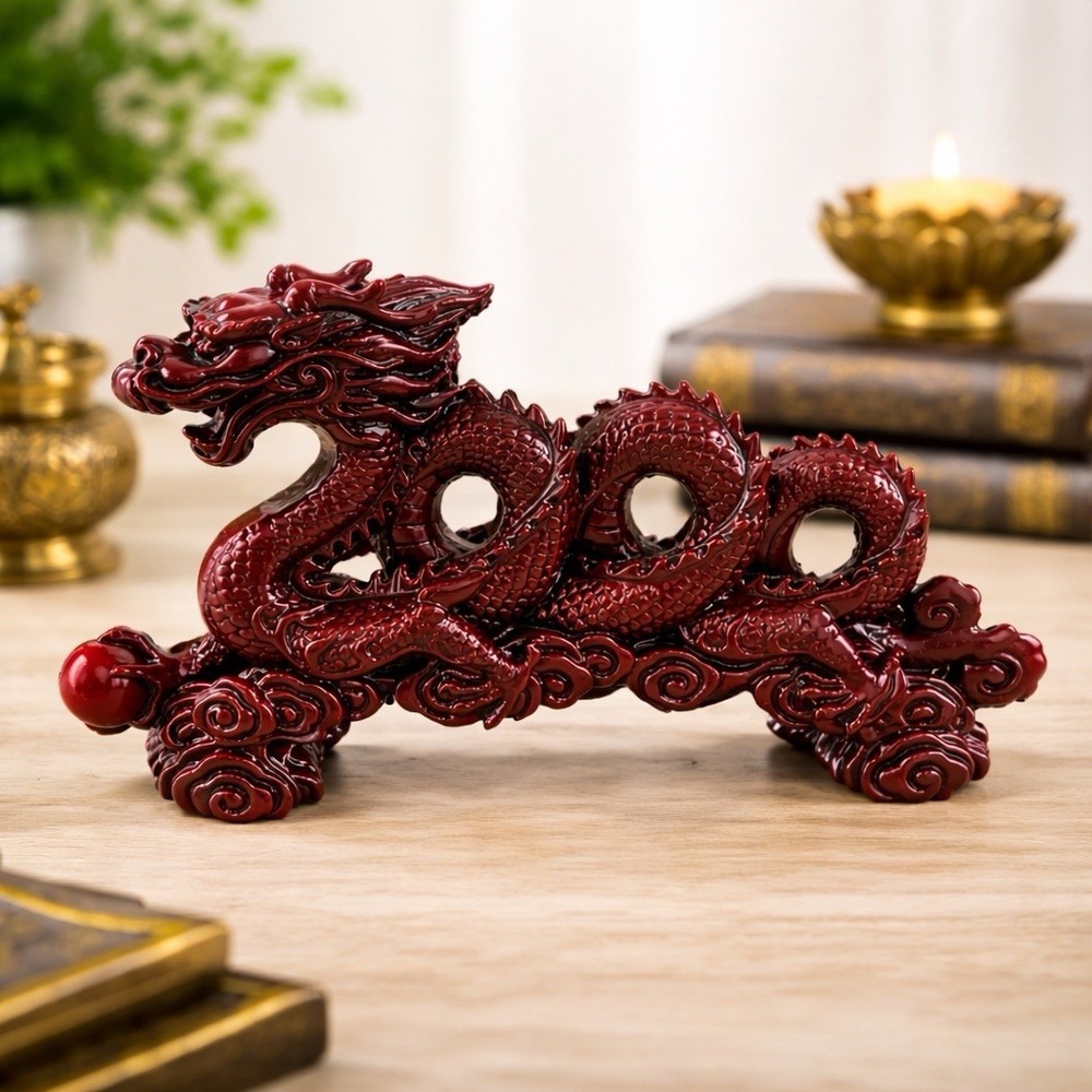 VTG Chinese Red Dragon Statue Resin Feng Shui Orb Ball Figurine Lucky Decor 12"